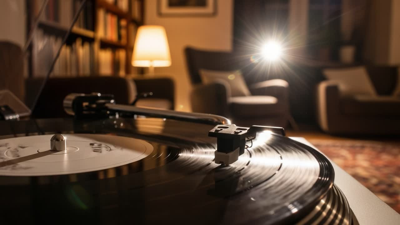 Capturing the Nostalgia of Vinyl: A Close-Up of a Turntable in a Cozy Living Room Setting with Soft Lighting and Inviting Atmosphere