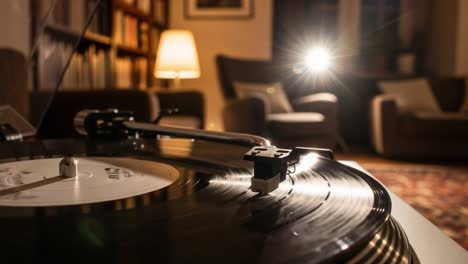 capturing the nostalgia of vinyl: a close-up of a turntable in a cozy living room setting with soft lighting and inviting atmosphere