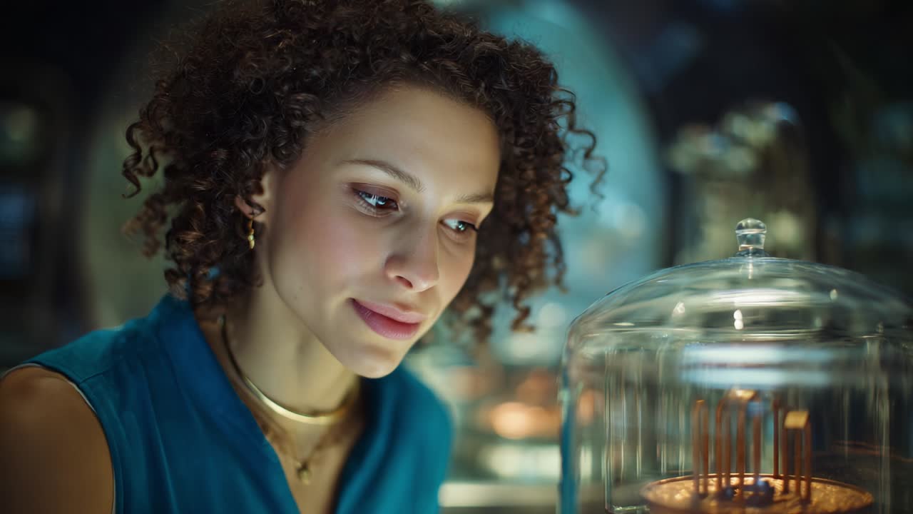 A Curious Scientist Eagerly Observes an Enigmatic Device Under Glass, Captivated by Its Intricate Design and Possible Breakthrough, Revealing Passion for Innovation and Discovery