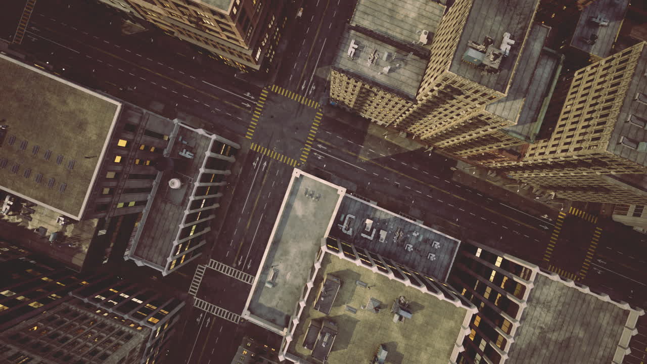 Urban landscape from above showcasing bustling streets and towering buildings