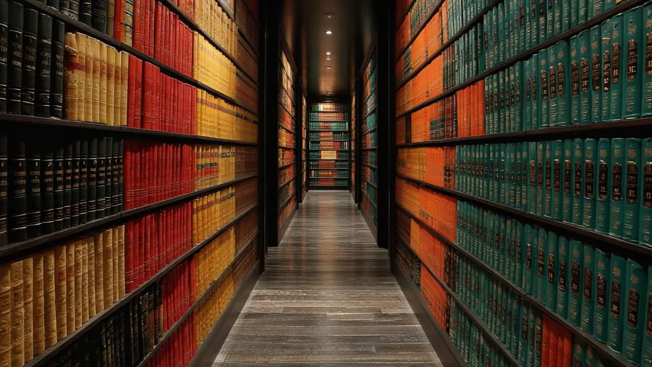 A Serene Hallway of Colorful Bookshelves: A Captivating Glimpse into the Expansive Library Corridor with Vibrant Book Covers in Rich Hues and Textures