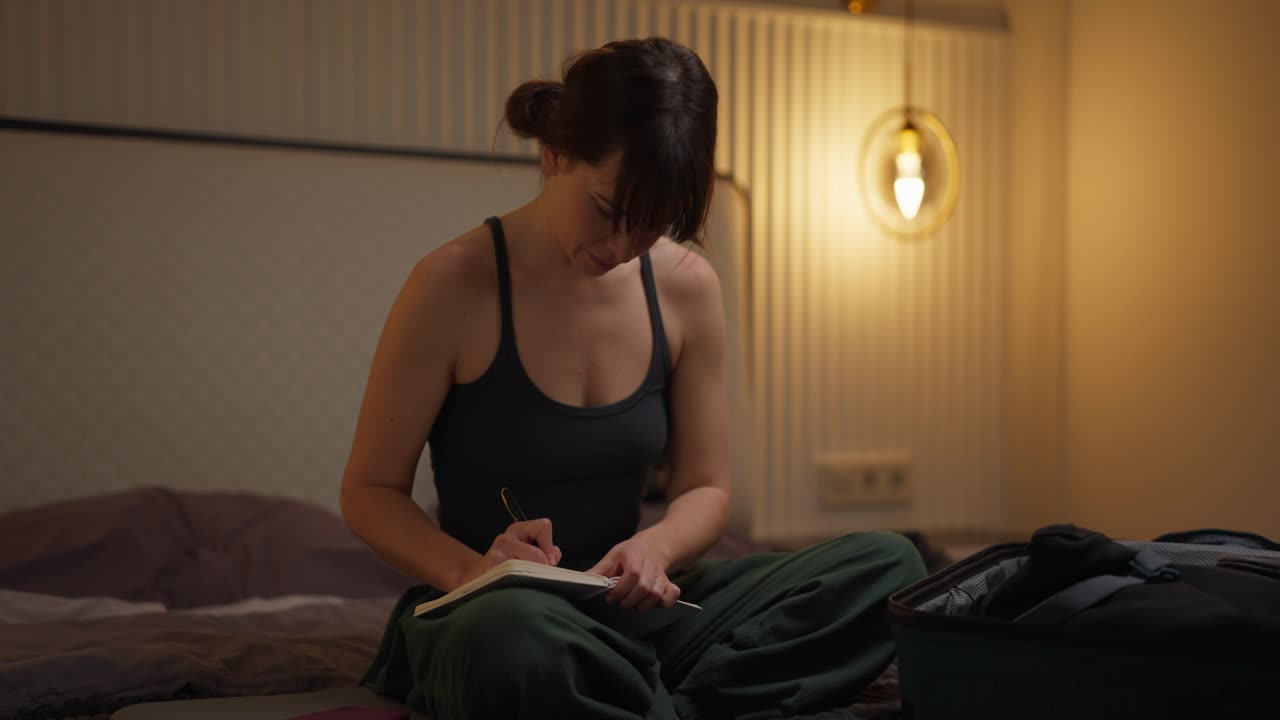 Woman writing in notebook while packing for travel