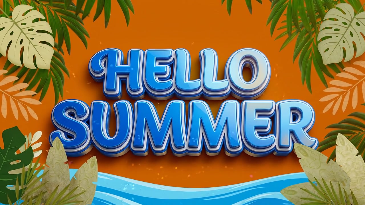 Animación de Saludo 'Hola Verano' con Tipografía 3D Azul de Lujo y Fondo de Hojas de Palma de Playa Tropical