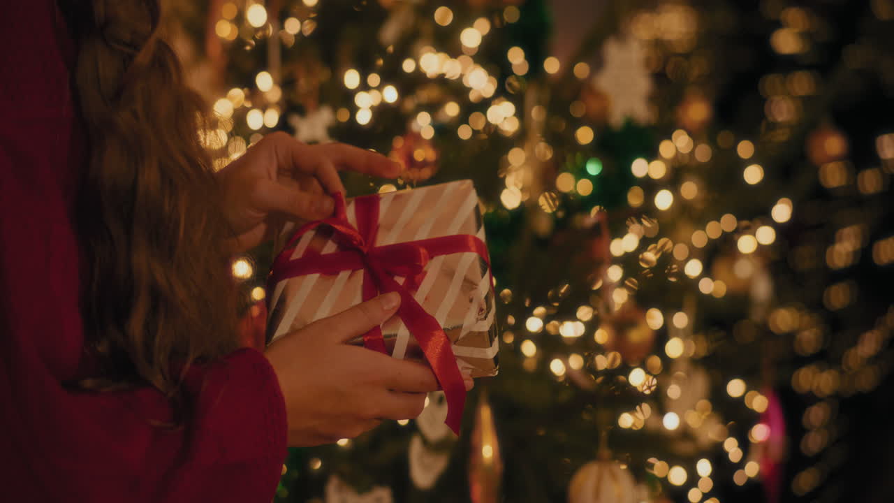 mujer con caja de regalos de pie junto al árbol de navidad