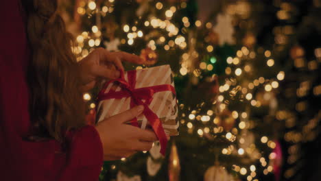 woman with gift box standing by christmas tree