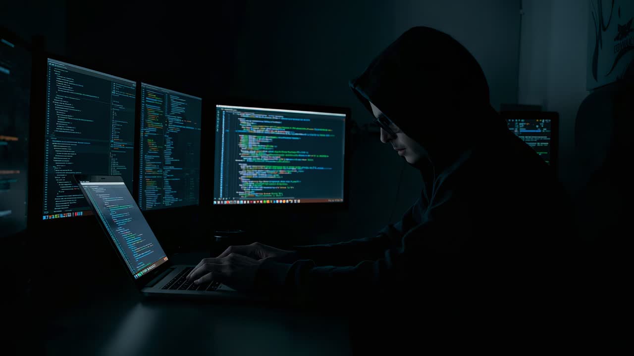 Un programmatore incappucciato con gli occhiali che programma, risponde alla luce del monitor alla scrivania di casa, laptop e monitor