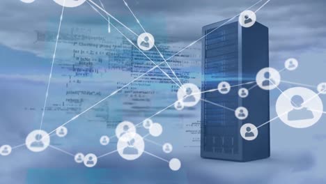 Animation-of-connected-icons-over-computer-language-and-data-server-rack-against-dense-clouds