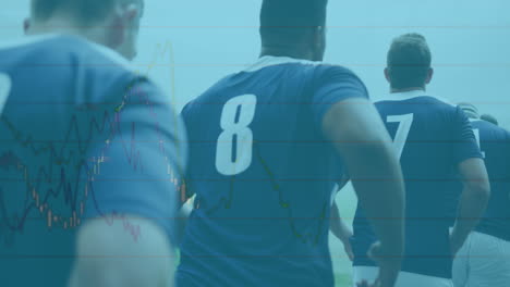 animación del procesamiento de datos financieros sobre diversos jugadores de rugby en el campo