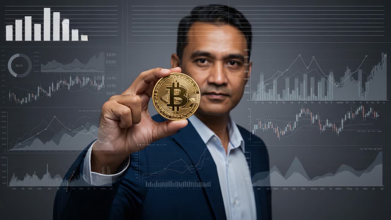 A Confident Businessman Showcases Bitcoin Cryptocurrency Against a Background of Financial Charts and Graphs, Reflecting Modern Investment Trends and Digital Currency Growth