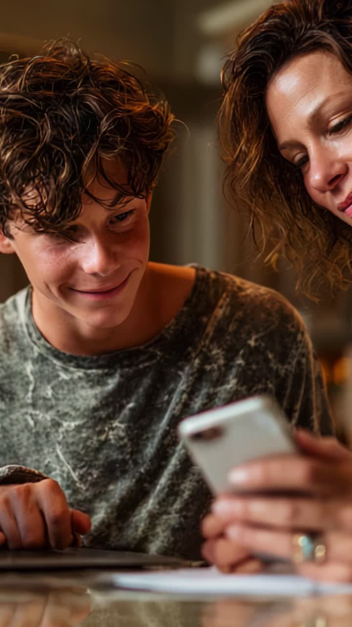 Momentos envolventes: um jovem e uma mulher compartilham uma interação alegre por meio de um smartphone, destacando a conexão e a comunicação moderna no cotidiano