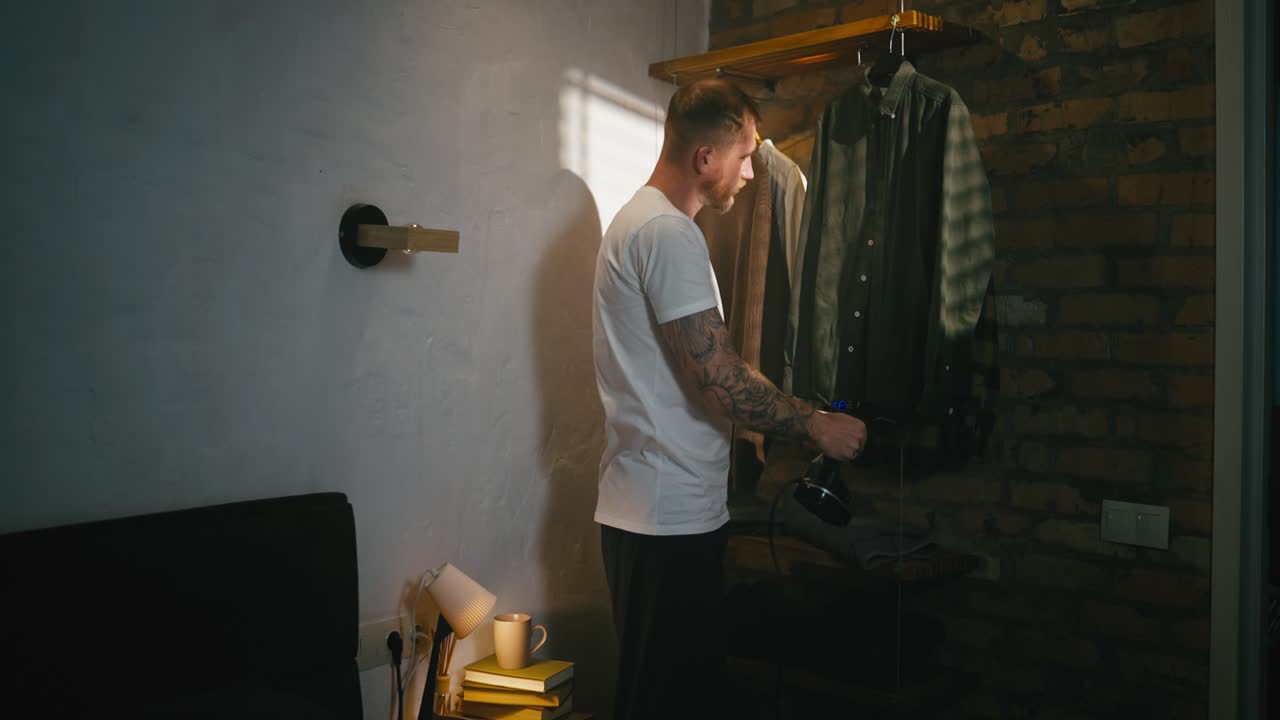 Man Steaming Clothes in His Bedroom