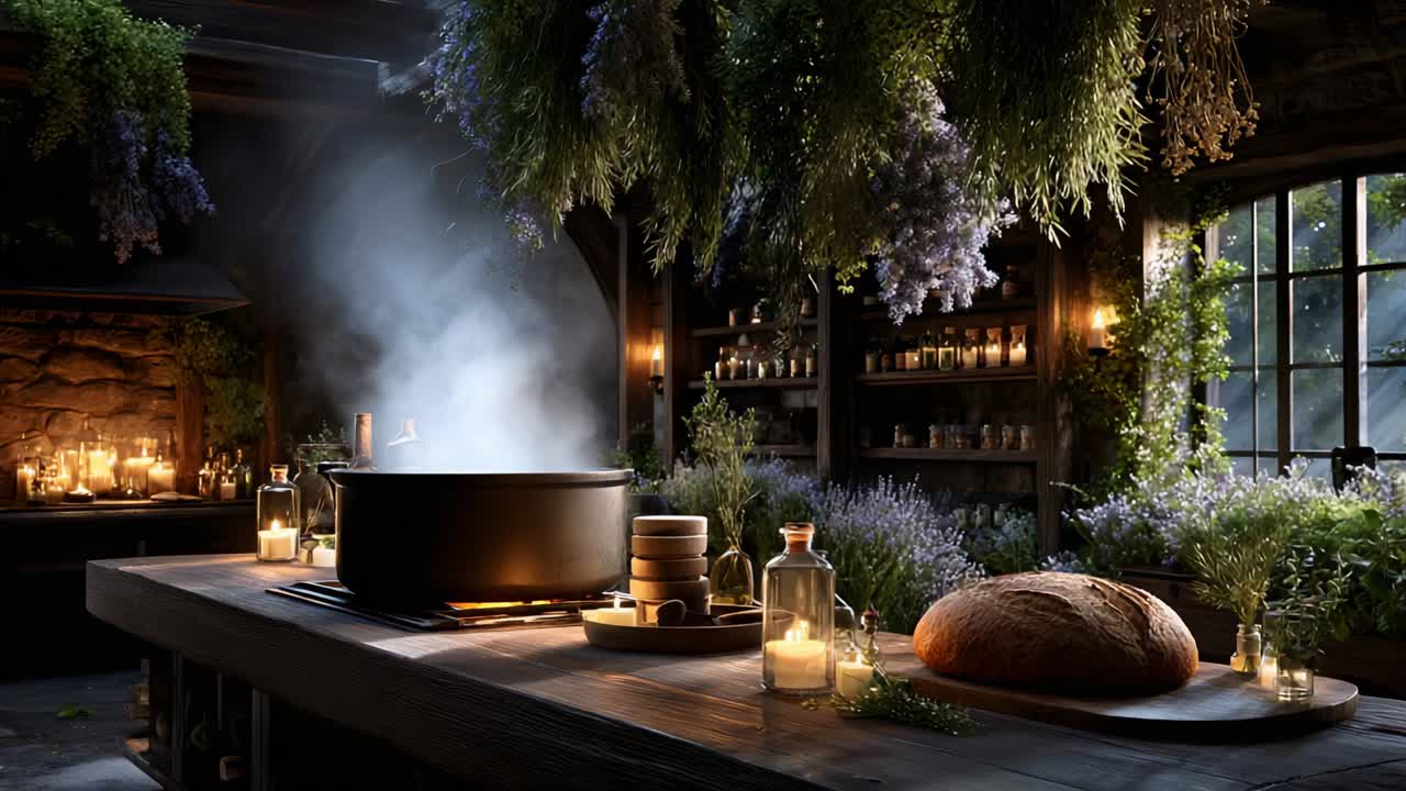 A Serene and Enchanting Kitchen Scene Featuring a Simmering Pot of Magical Brew Surrounded by Lush Greenery, Candles, and Freshly Baked Bread, Evoking a Sense of Comfort and Culinary Adventure
