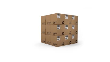 animation of multiple stacked up cardboard boxes moving on white background