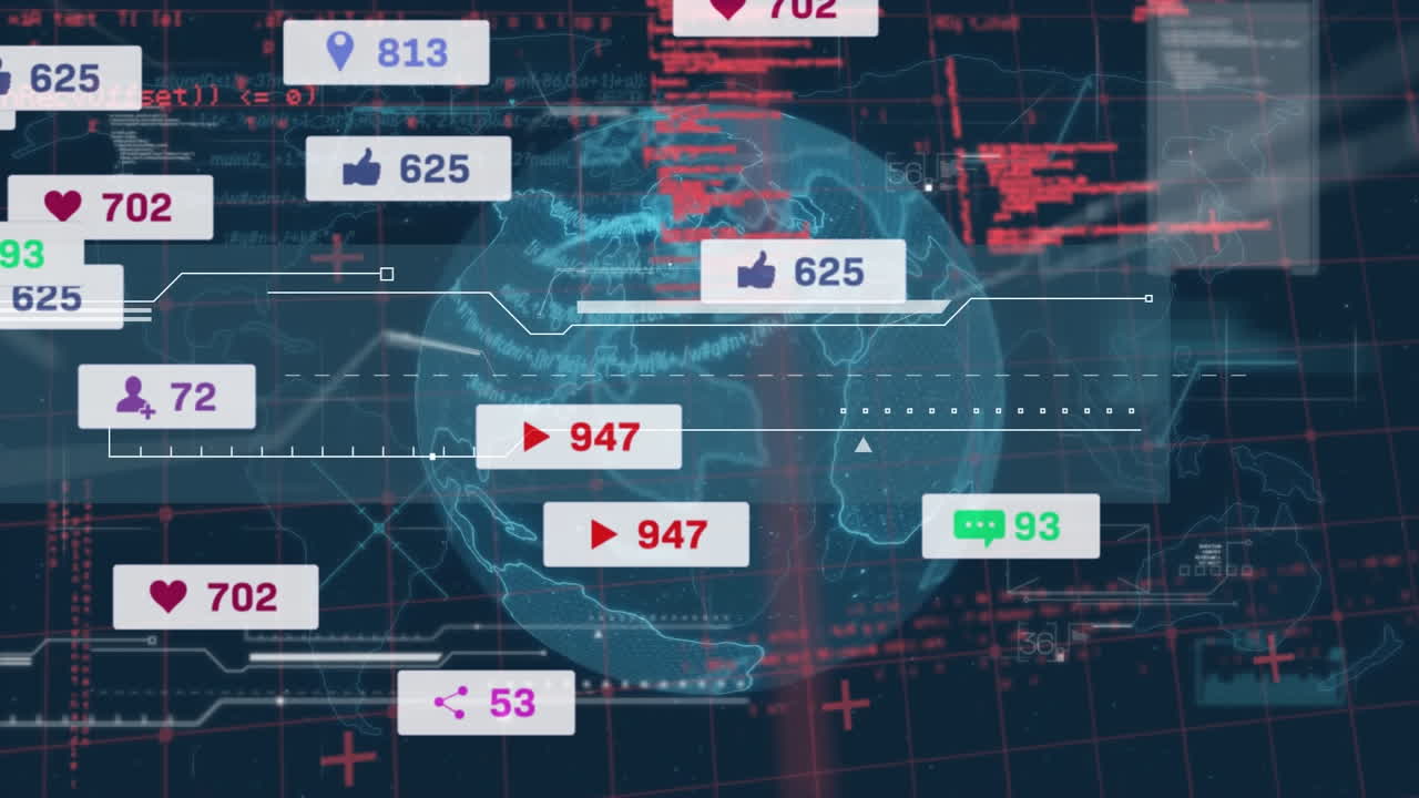 미디어 아이콘의 애니메이션 및 세계 지도 및 지구상의 데이터 처리
