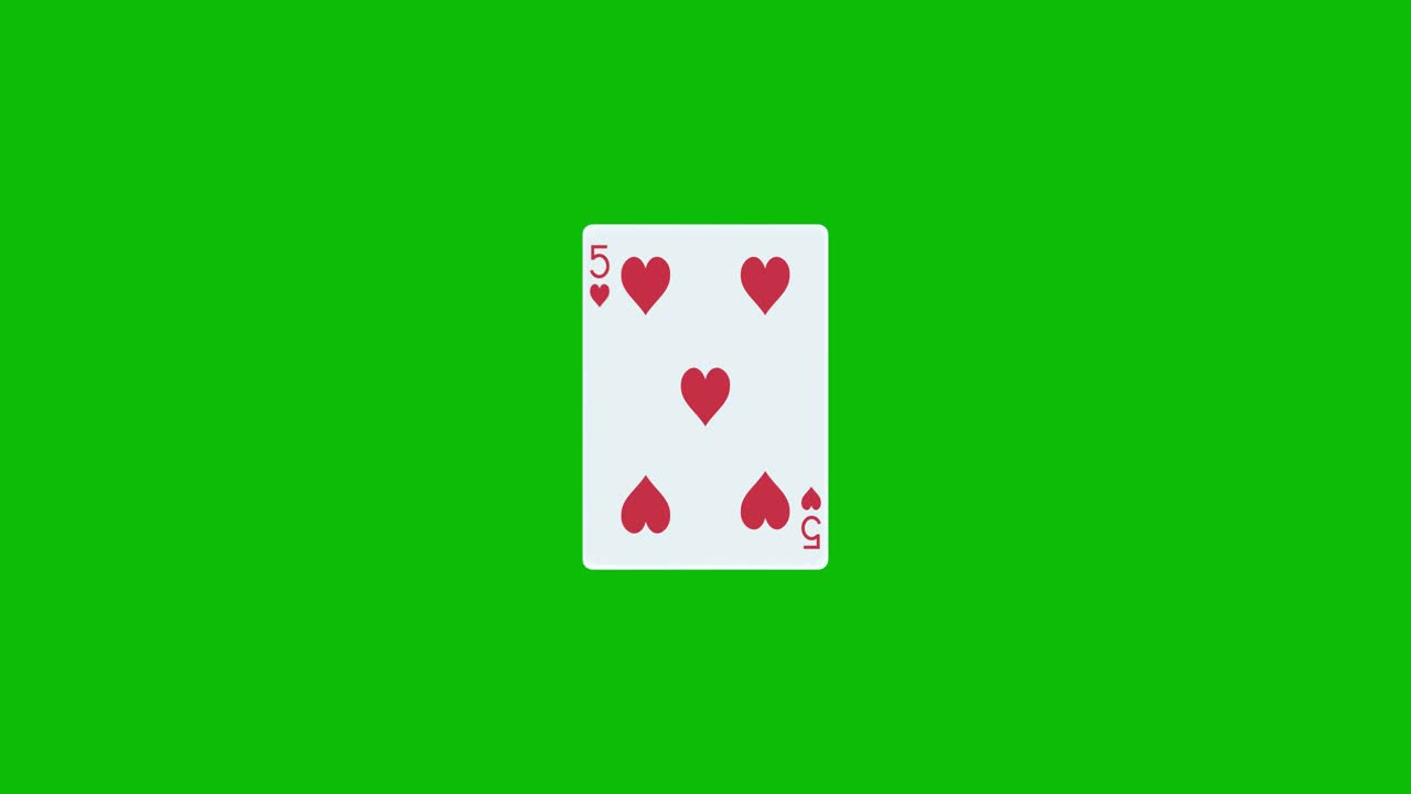 Una carta da poker, il cinque di cuori, ruota e si rivela su uno schermo verde, animazione 3D. Puoi modificare la tempistica della clip per controllare l'effetto rivelatore.