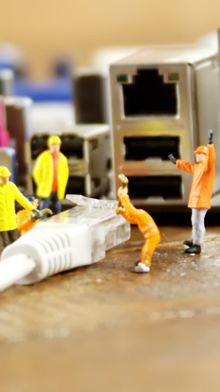 primer plano de la estatuilla con el cable y el enchufe de la computadora