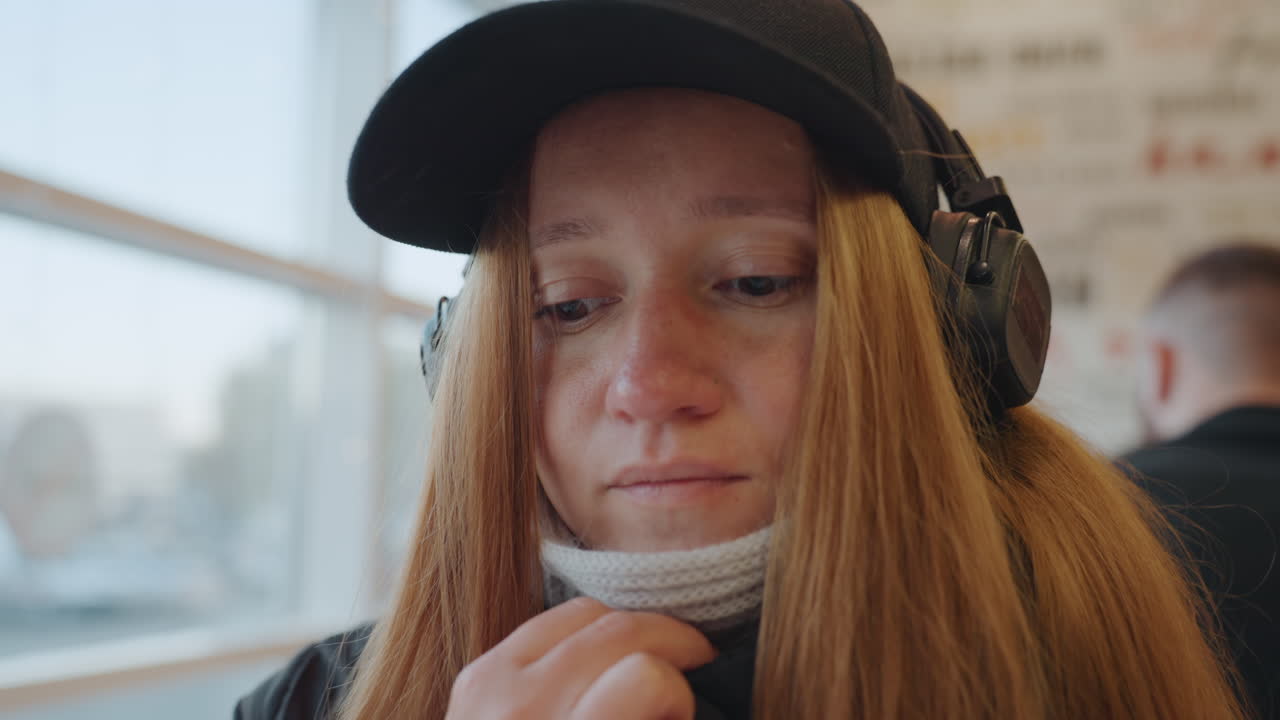 Giovane donna bianca che abbassa la maschera di maglia, cuffie appoggiate, lacrime sottili ed espressione pensierosa, che guarda fuori dalla finestra di un caffè cittadino, vulnerabile ma attenta a ladri e curiosi. Una studentessa pendolare ascolta.