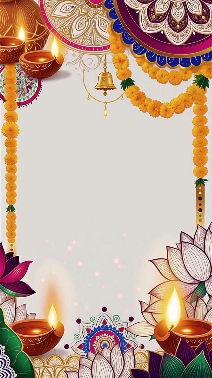 Sfondo Diwali con Diyas luminosi, Rangoli e fiori di loto