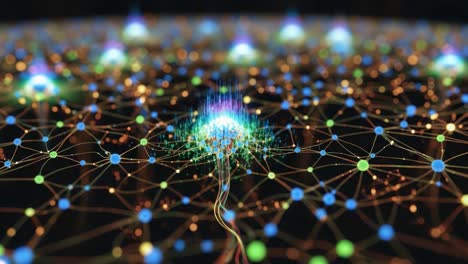 a detailed exploration of a colorful network visualization representing data connections and interactions in a digital space, highlighting nodes and vibrant energy patterns