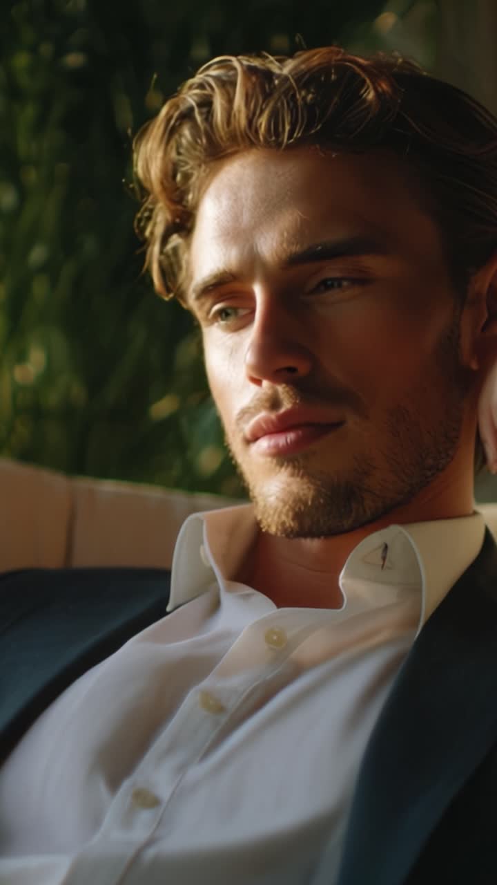 Captivating Portrait of a Thoughtful Young Man Relaxing in Elegance, Highlighting His Charming Features and Stylish Attire Amidst a Lush Background