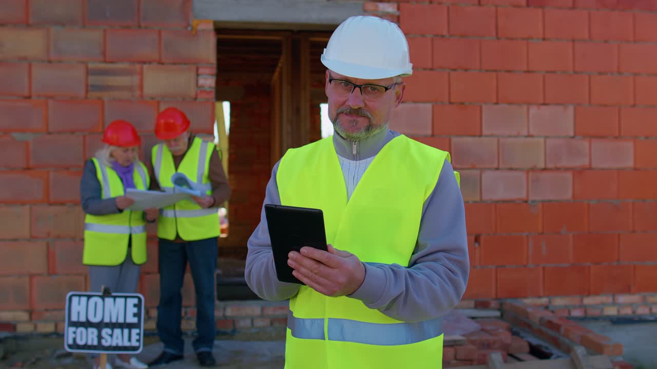 arquitecto ingeniero constructor operar con tableta digital para controlar el trabajo en el sitio de construcción de la casa
