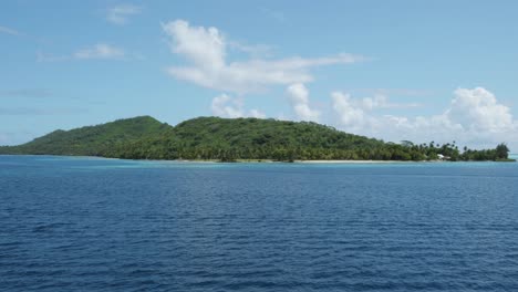 view of on island palm trees and coast from a moving boat on a sunny day in french polynesia.