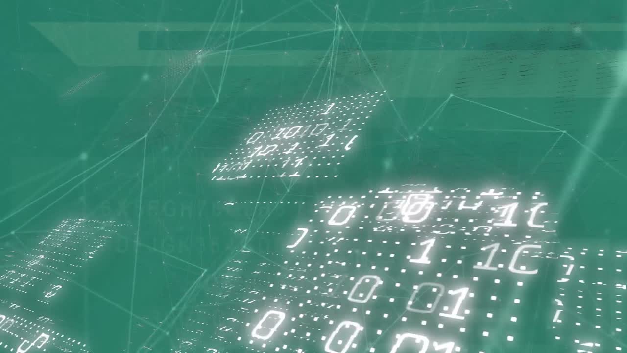 녹색 배경에 있는 데이터 처리 및 연결 네트워크의 애니메이션