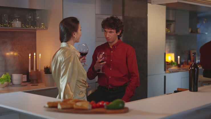 Couple Enjoying Red Wine in a Cozy Kitchen Setting