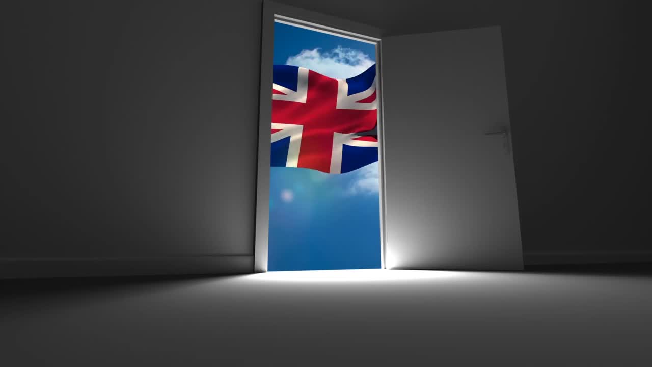 la bandera británica ondeando detrás de la puerta
