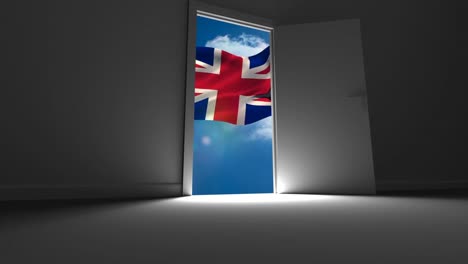 british flag waving behind the door