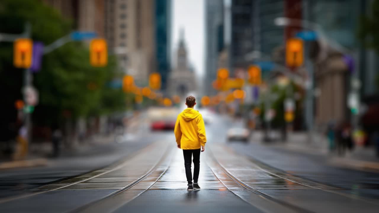 A lone figure in a yellow hoodie walks down a deserted city street, surrounded by tall buildings and distant traffic, creating an atmosphere of solitude and reflection