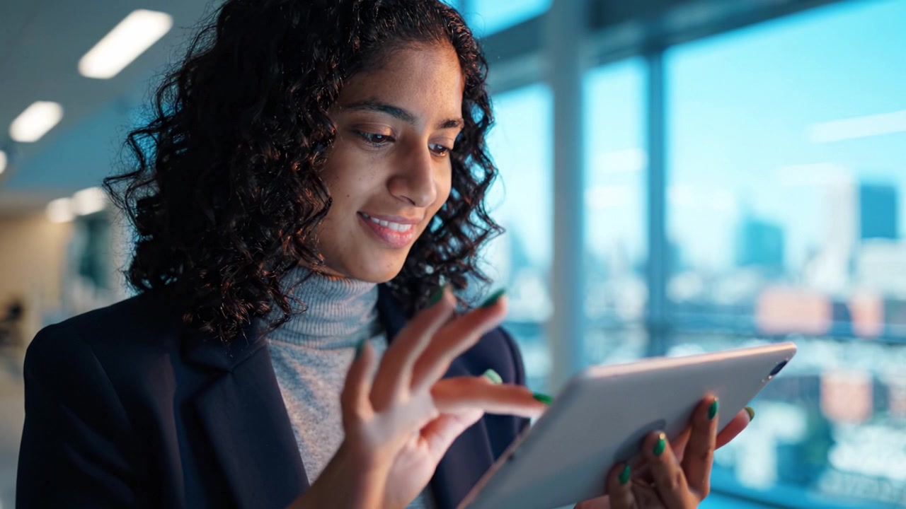 A woman engaging with a tablet device, showcasing focus and concentration in a modern, bright office environment with city views in the background.