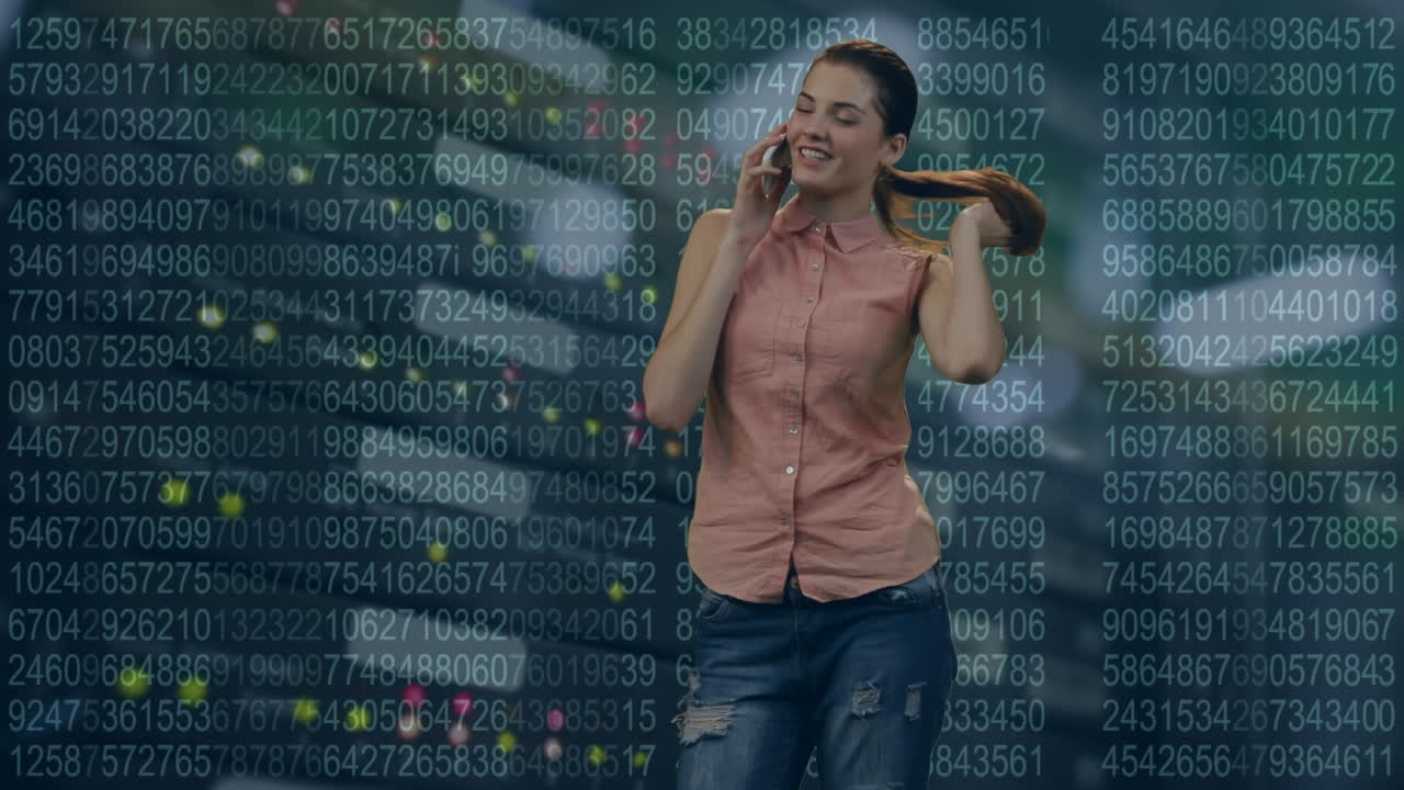Animation of caucasian woman talking on smartphone over server room