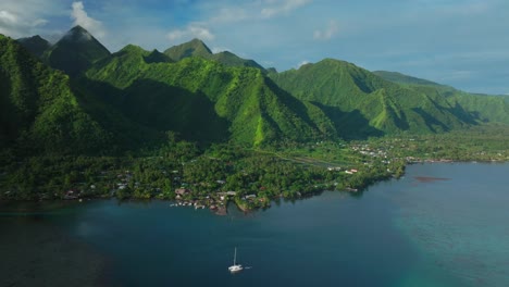 Segelboot-Teahupoo-Tahiti-Luftaufnahme-Drohne-Französisch-Polynesien-Sommer-2024-Austragungsort-Der-Olympischen-Spiele-In-Paris-Französisch-Polynesien-Pazifischer-Ozean-Korallenriff-Bruch-Grüne-Berggipfel-Sonniger-Nachmittag-Inseln-Kreis-Rechts