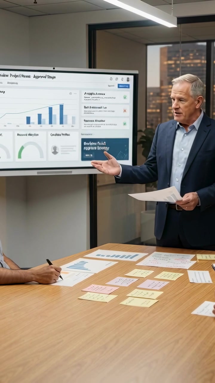 Vertical video: Starting manager in blazer pointing at screen at table to explain data, copy space