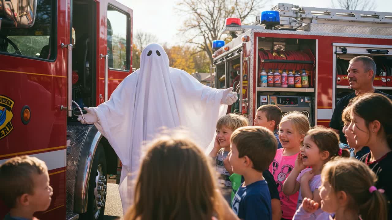A Friendly Ghost Delights Children During Fire Safety Awareness Event, Capturing Their Excitement and Curiosity Amidst First Responders and Fire Trucks