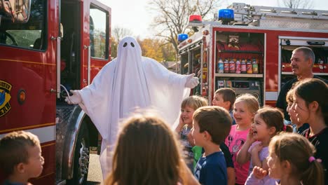 A Friendly Ghost Delights Children During Fire Safety Awareness Event, Capturing Their Excitement and Curiosity Amidst First Responders and Fire Trucks