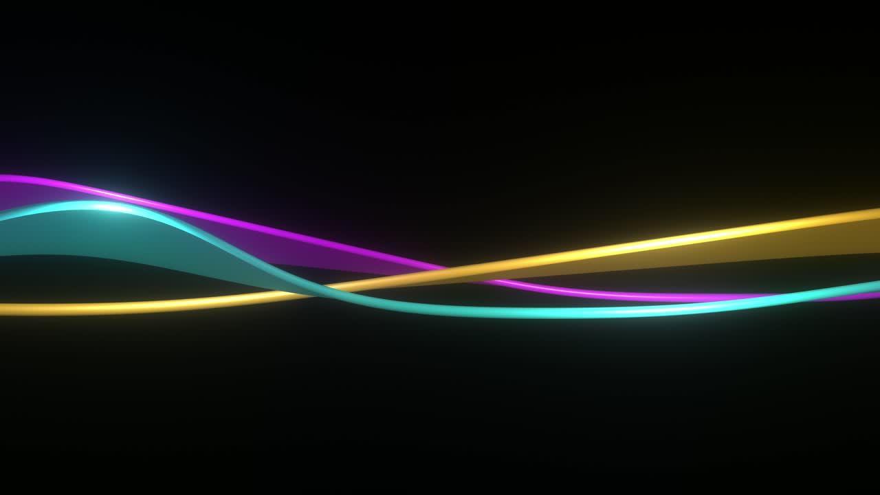 Animation of glowing banner flags in teal, gold, and pink on a black background