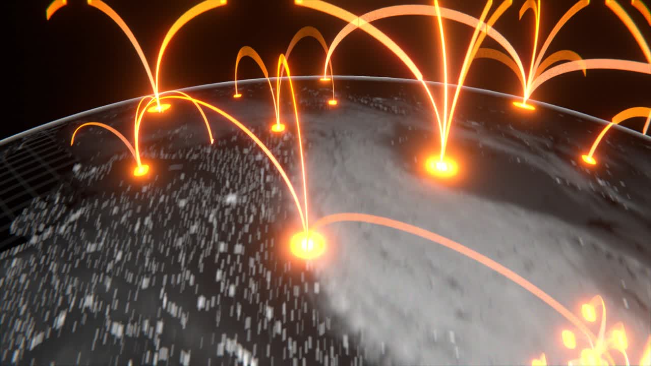 технологическая глобализация земли в 3d-анимации. глобальные бизнес-точки на вращающейся планете.