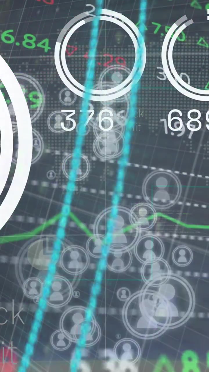 Animazione di numeri, cerchio di elaborazione, forme al neon e dati finanziari su schermo digitale