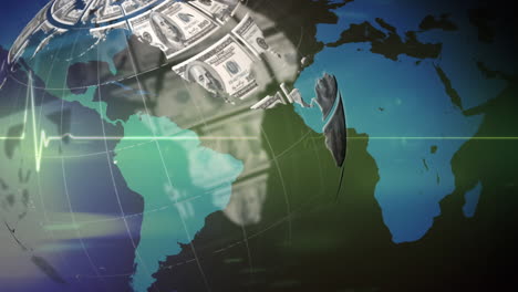 animation of dollar globe rotating over graph, heart rate monitor and world map, on green background