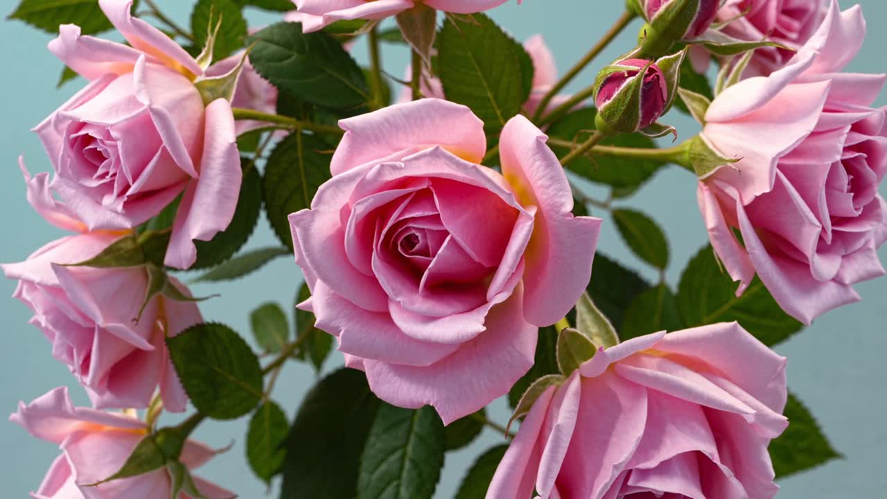 Fotograma de video con enfoque suave de rosas rosadas en un entorno onírico y pastel