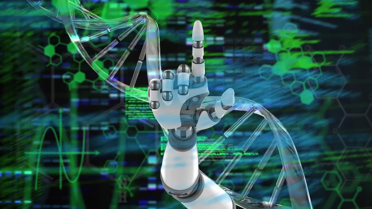 Animation of dna strand spinning and data processing with robot's arm over grid