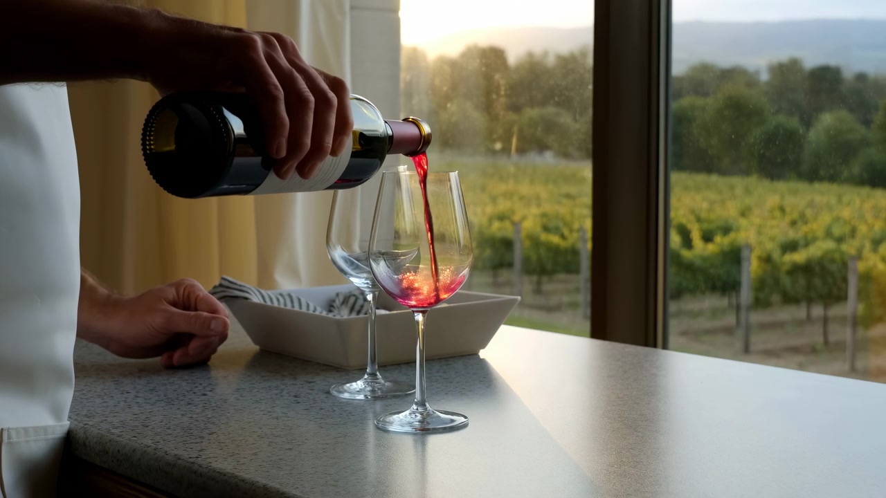 Persona sirviendo vino tinto de una botella verde oscuro en una copa de tallo sobre una encimera de piedra salpicada, junto a un vaso vacío y un cuenco blanco, con vista a un viñedo, luz de fondo suave y un ambiente de cena tranquilo