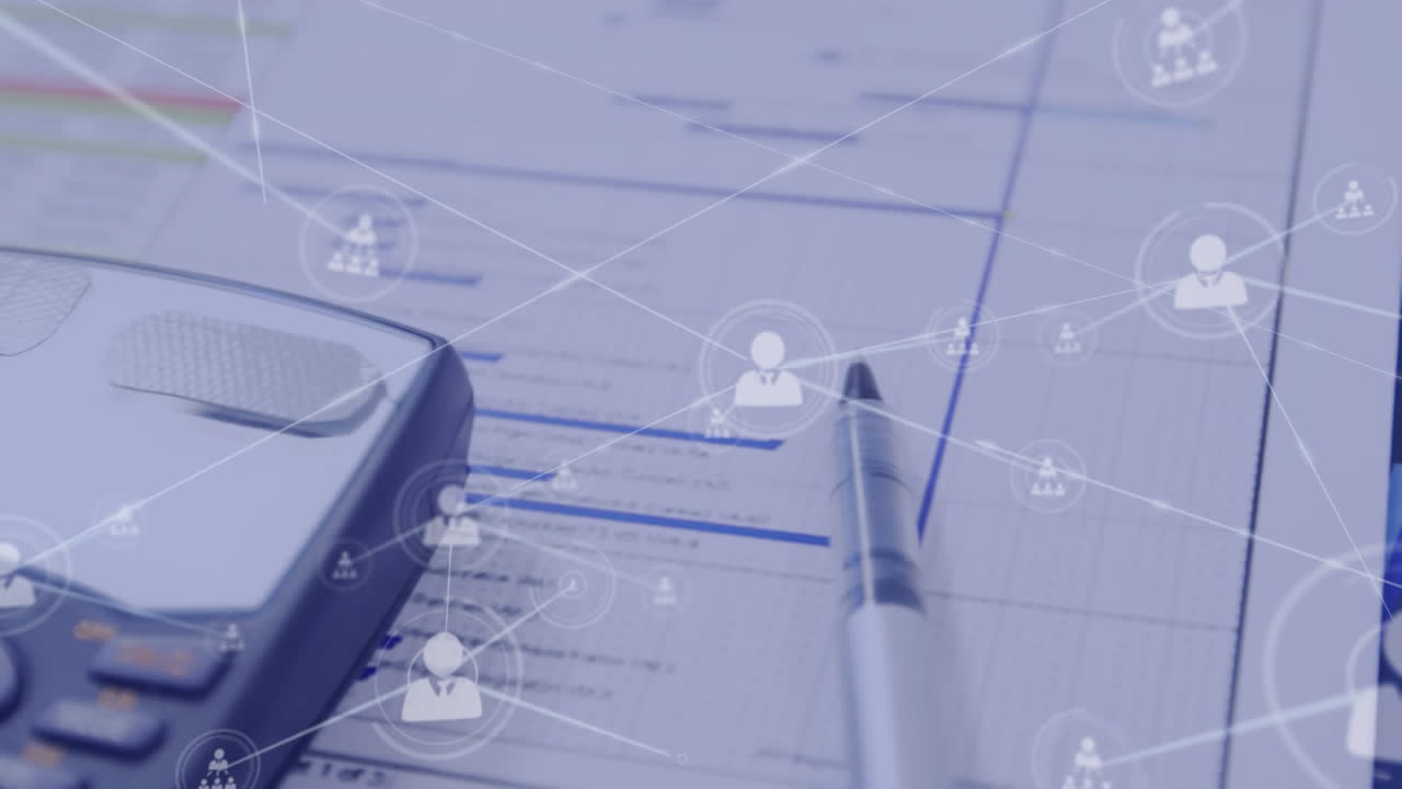 Network of profile icons against close up view of documents and calculator