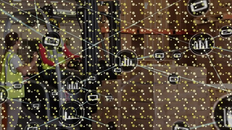 Animation of network of connections over rows of moving pattern and woman working in warehouse
