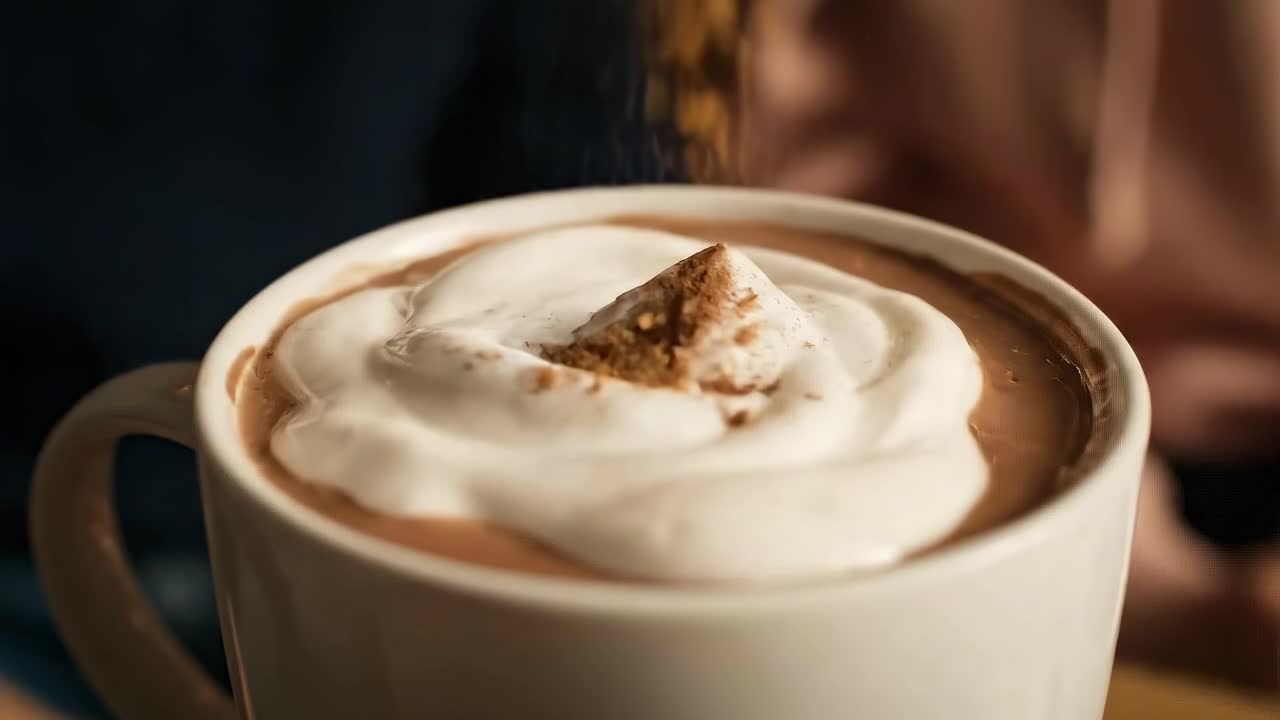 Close-up video shot of a hot chocolate with whipped cream and cinnamon, creating a cozy vibe