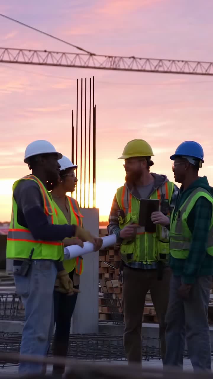 Video of construction workers at sunset, captured from a low angle, discussing plans