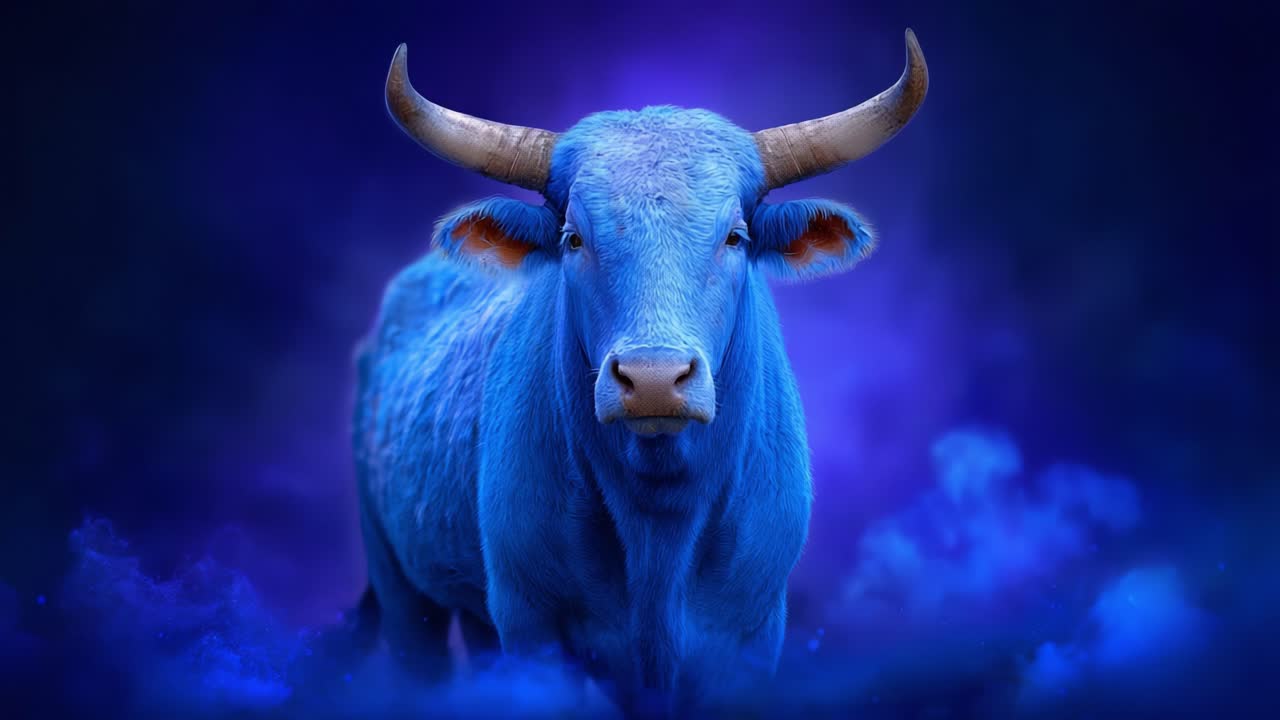 A striking depiction of a blue bull standing confidently against a vivid purple background, showcasing unique coloration and impressive features in a captivating atmosphere