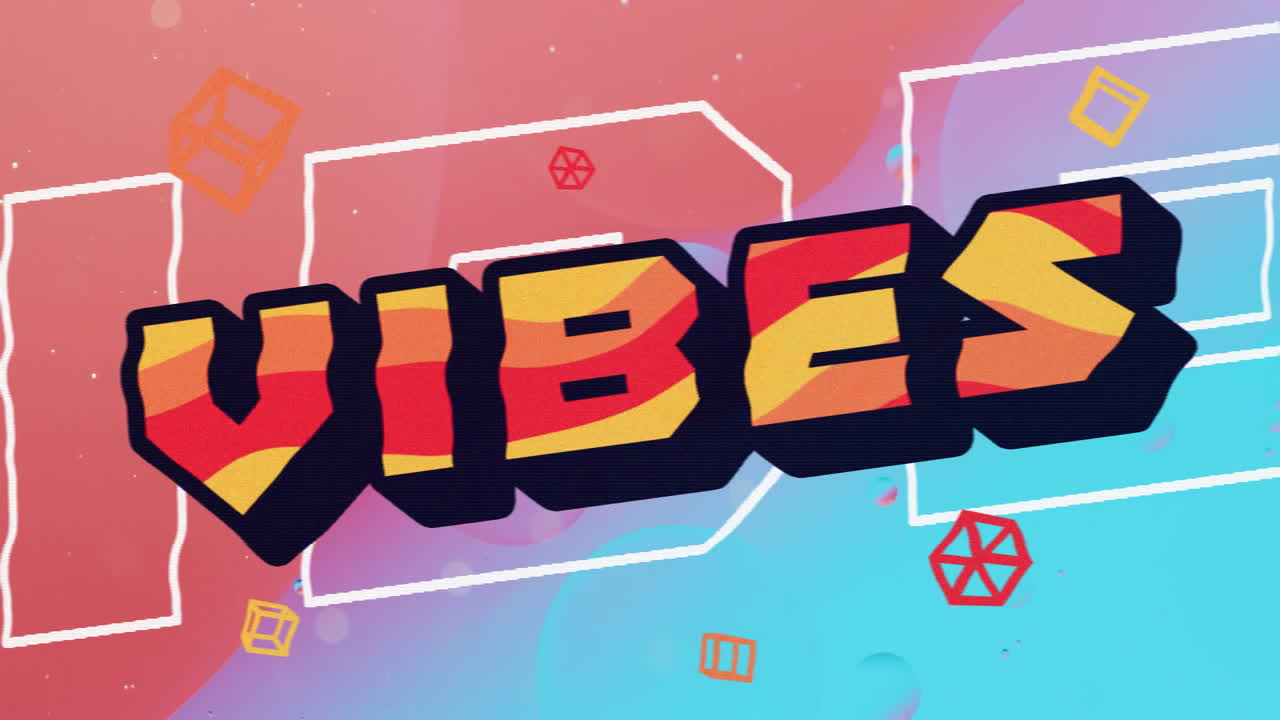 Animation of vibes text over pink and blue shapes